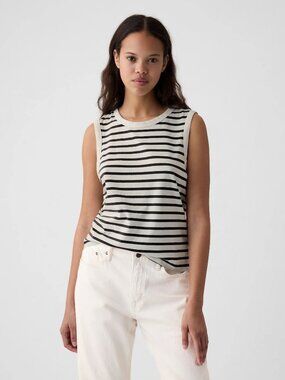 2/$30 GAP Modern Shell Tank Top Black White Stripe Small #A3478